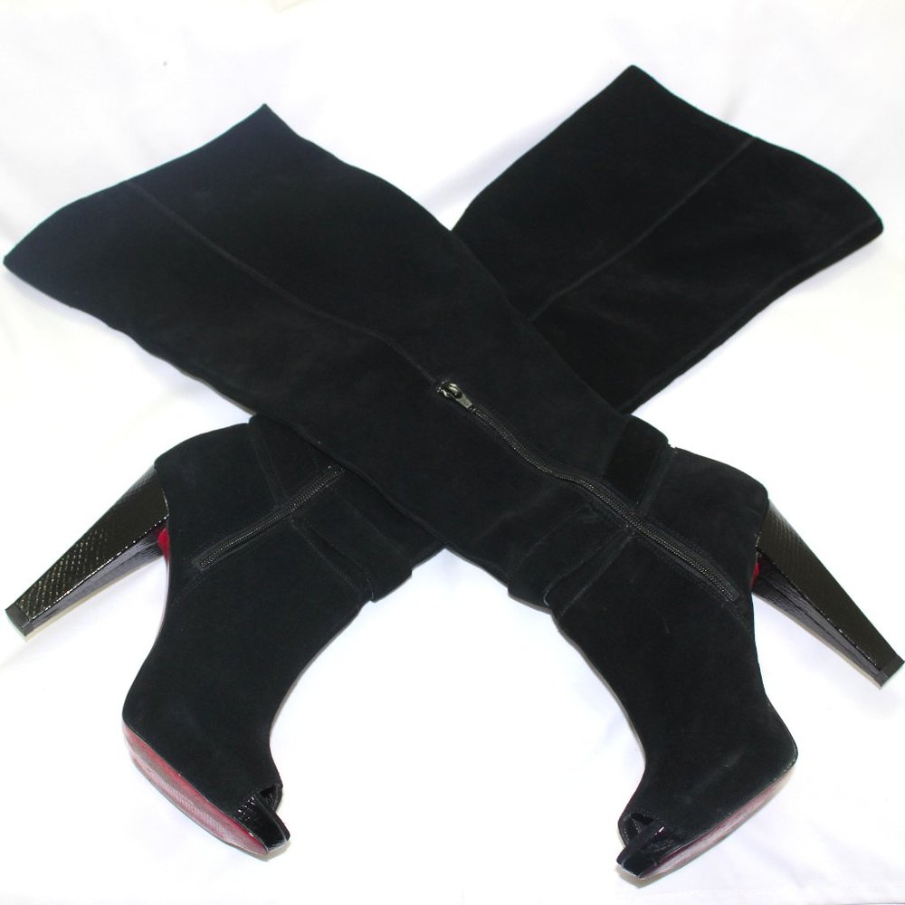 BEBE Thigh High black peep toe boots